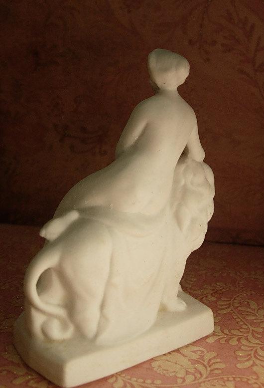 ANtique German Bisque Nude on a lion Miniature statue of Una and the Lion Faerie Queen