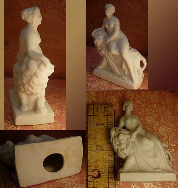 ANtique German Bisque Nude on a lion Miniature statue of Una and the Lion Faerie Queen