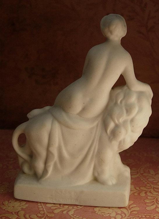ANtique German Bisque Nude on a lion Miniature statue of Una and the Lion Faerie Queen