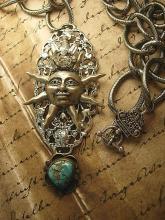 Steampunk Necklace Rhinestone Crown Sun with Turquoise drop Huge Chain