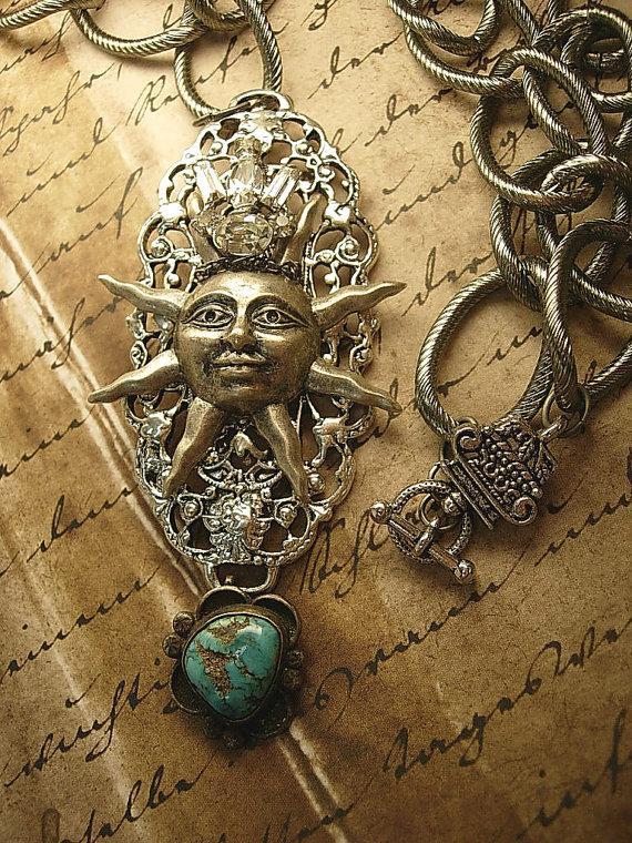 Steampunk Necklace Rhinestone Crown Sun with Turquoise drop Huge Chain