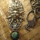 Steampunk Necklace Rhinestone Crown Sun with Turquoise drop Huge Chain