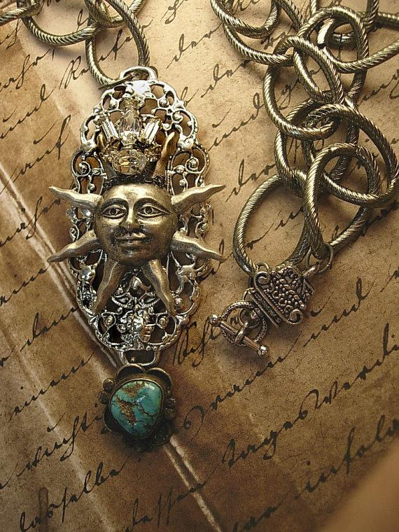 Steampunk Necklace Rhinestone Crown Sun with Turquoise drop Huge Chain