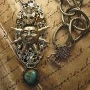 Steampunk Necklace Rhinestone Crown Sun with Turquoise drop Huge Chain