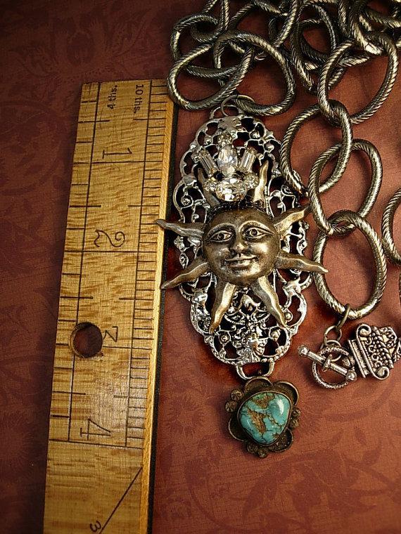 Steampunk Necklace Rhinestone Crown Sun with Turquoise drop Huge Chain