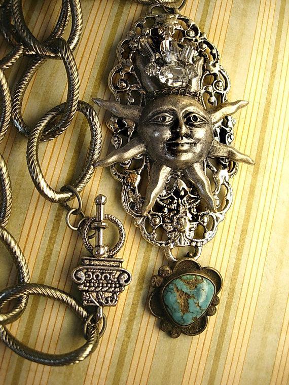 Steampunk Necklace Rhinestone Crown Sun with Turquoise drop Huge Chain