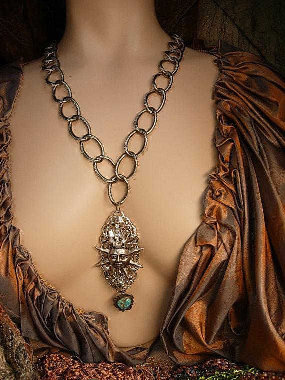 Steampunk Necklace Rhinestone Crown Sun with Turquoise drop Huge Chain