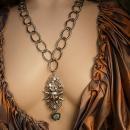 Steampunk Necklace Rhinestone Crown Sun with Turquoise drop Huge Chain