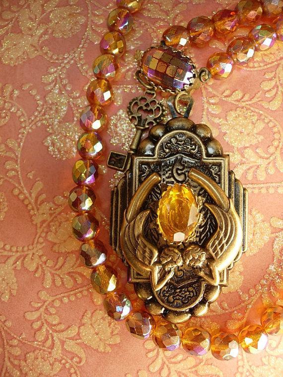 Fiery Deco deco mermaid locket necklace sun and fire Glass beads Skeleton key