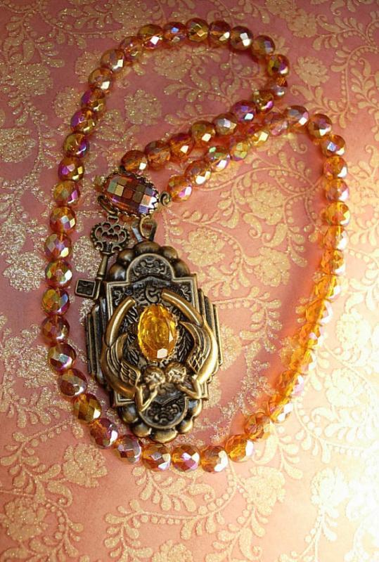 Fiery Deco deco mermaid locket necklace sun and fire Glass beads Skeleton key