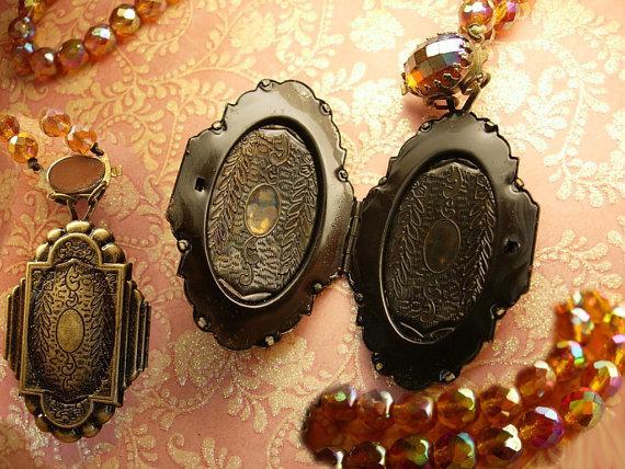 Fiery Deco deco mermaid locket necklace sun and fire Glass beads Skeleton key