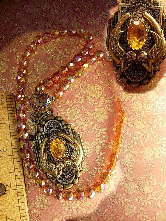 Fiery Deco deco mermaid locket necklace sun and fire Glass beads Skeleton key