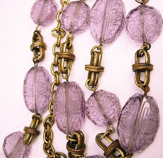 Vintage Amethyst necklace Bohemian glass necklace beautiful etchings on czech beads