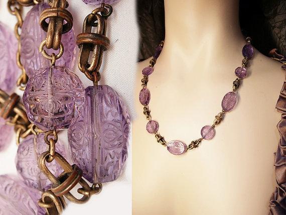 Vintage Amethyst necklace Bohemian glass necklace beautiful etchings on czech beads