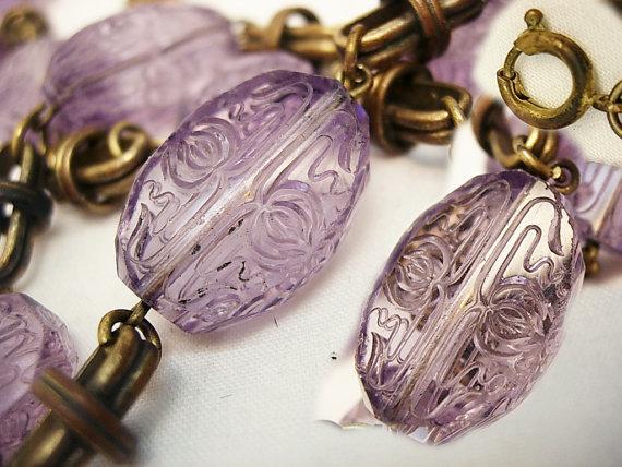 Vintage Amethyst necklace Bohemian glass necklace beautiful etchings on czech beads