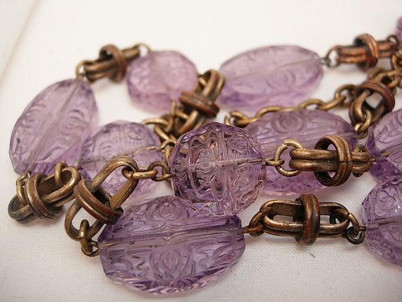 Vintage Amethyst necklace Bohemian glass necklace beautiful etchings on czech beads