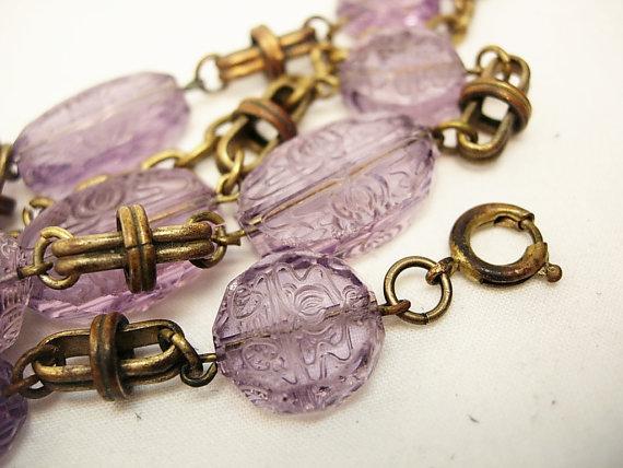 Vintage Amethyst necklace Bohemian glass necklace beautiful etchings on czech beads
