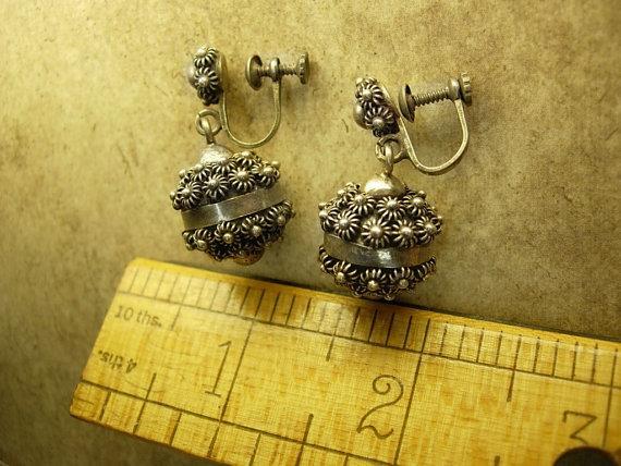 Medieval Antique sterling Etruscan drop earrings Screw backs