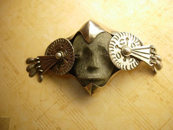VIntage SIgned Death mask mechanical Mask head sterling Taxco brooch pre 1948