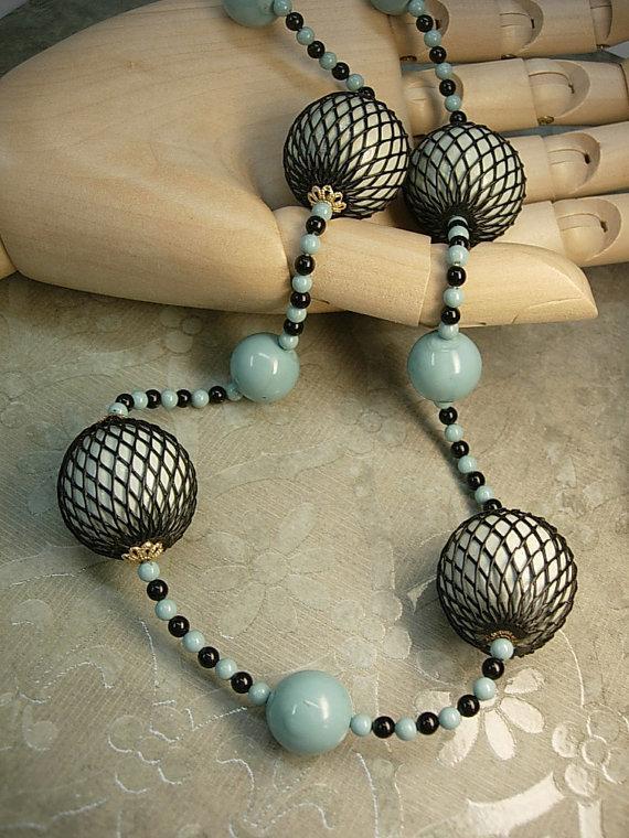 Japan signed necklace Vintage bizarre necklace Black net