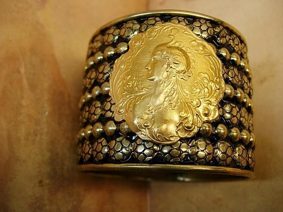 Medieval Goddess Bracelet heavily beaded with serpent headed nude woman center
