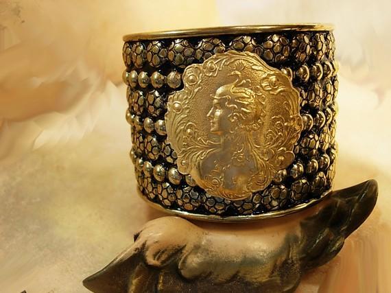 Medieval Goddess Bracelet heavily beaded with serpent headed nude woman center
