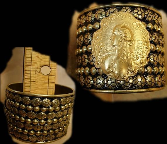 Medieval Goddess Bracelet heavily beaded with serpent headed nude woman center