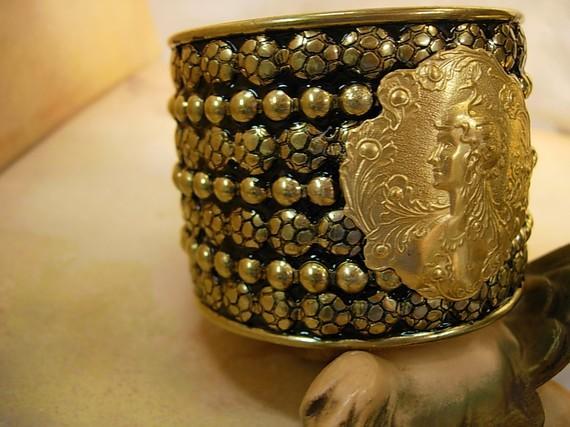 Medieval Goddess Bracelet heavily beaded with serpent headed nude woman center