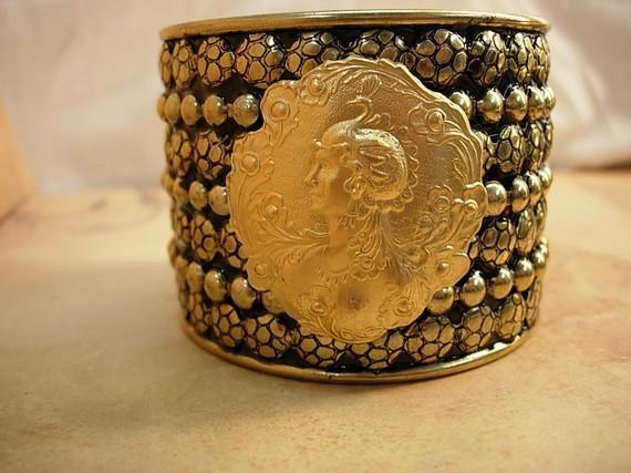 Medieval Goddess Bracelet heavily beaded with serpent headed nude woman center