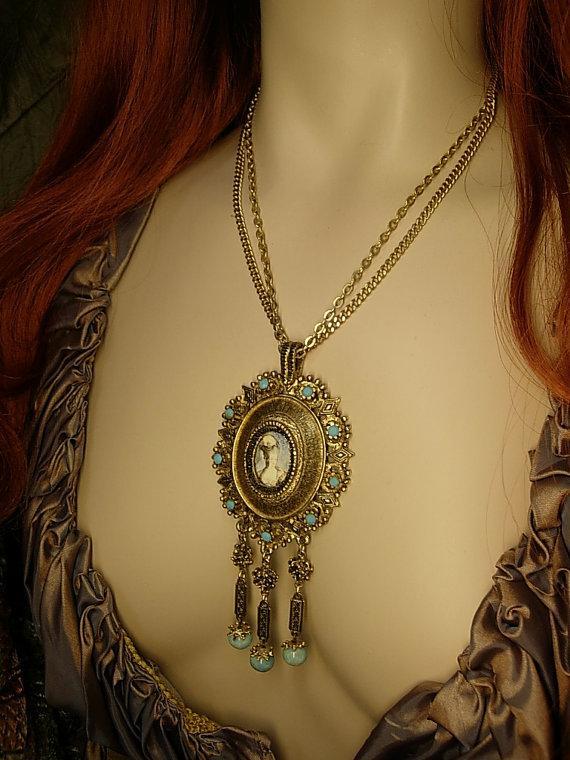 Marie Antoinette necklace portrait pendant fringe turquoise drops huge dramatic French Queen