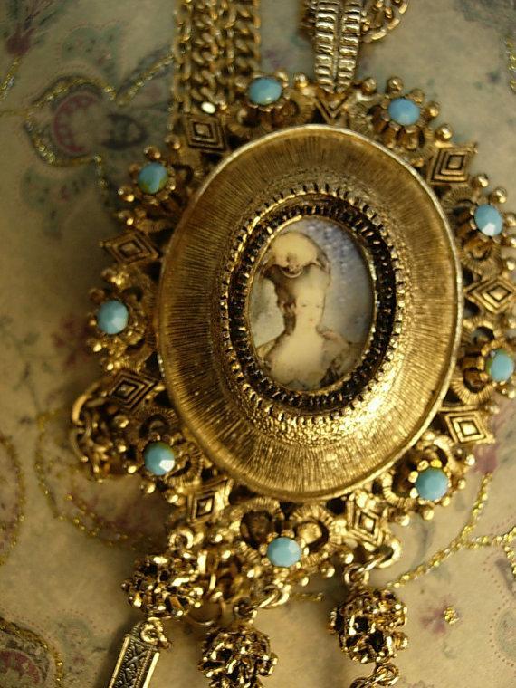 Marie Antoinette necklace portrait pendant fringe turquoise drops huge dramatic French Queen