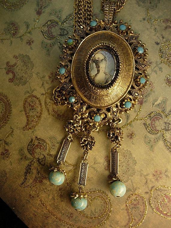 Marie Antoinette necklace portrait pendant fringe turquoise drops huge dramatic French Queen