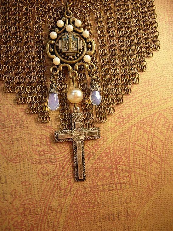 Vintage 1920's necklace Loaded with Fringe and religious medal and crucifix