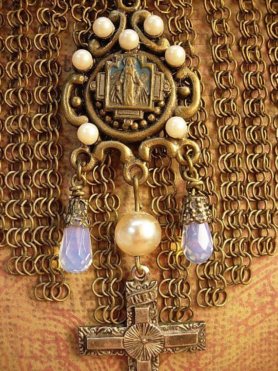 Vintage 1920's necklace Loaded with Fringe and religious medal and crucifix