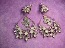 HUGE Masquerade earrings Big moonstones and Aurora borealis glass stones Vintage earrings Clip on
