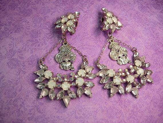 HUGE Masquerade earrings Big moonstones and Aurora borealis glass stones Vintage earrings Clip on