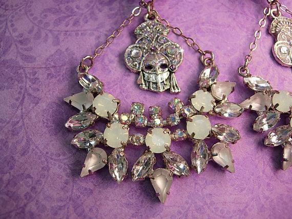 HUGE Masquerade earrings Big moonstones and Aurora borealis glass stones Vintage earrings Clip on
