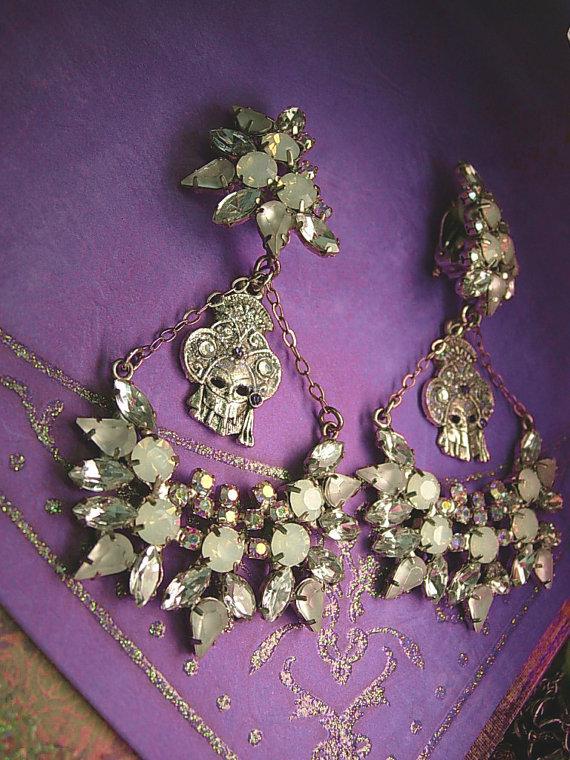 HUGE Masquerade earrings Big moonstones and Aurora borealis glass stones Vintage earrings Clip on