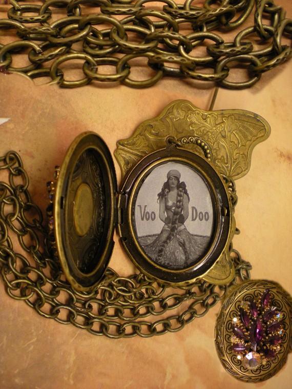 Gypsy Voo Doo Snake Charmer Jeweled locket on watchchain necklace