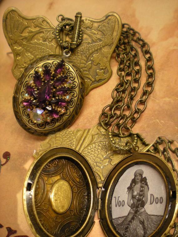 Gypsy Voo Doo Snake Charmer Jeweled locket on watchchain necklace
