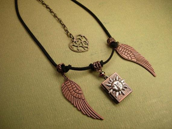 Spiritual sun Locket with angel wings necklace Mixed copper and silver and brass heart fob