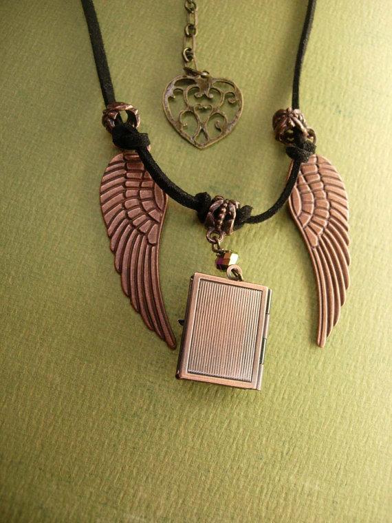 Spiritual sun Locket with angel wings necklace Mixed copper and silver and brass heart fob