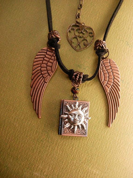 Spiritual sun Locket with angel wings necklace Mixed copper and silver and brass heart fob