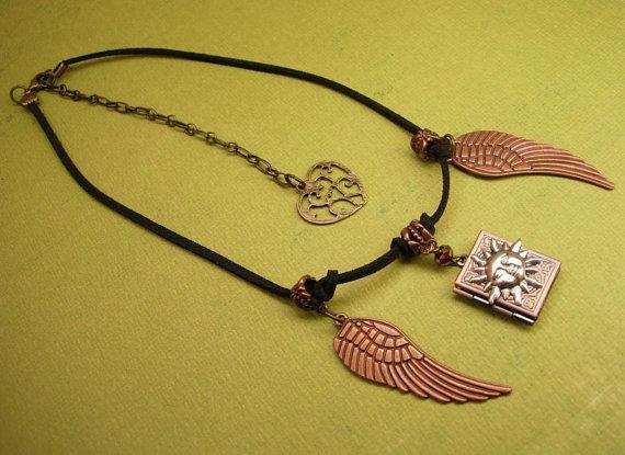 Spiritual sun Locket with angel wings necklace Mixed copper and silver and brass heart fob