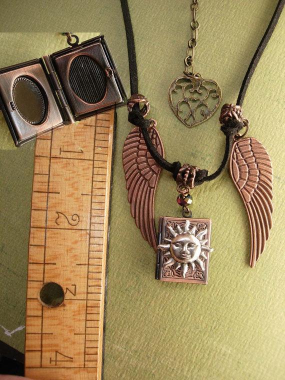 Spiritual sun Locket with angel wings necklace Mixed copper and silver and brass heart fob