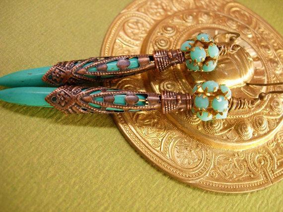 Egyptian Turquoise Chandelier earrings Ornate metalwork rhinestone shoulder dusters