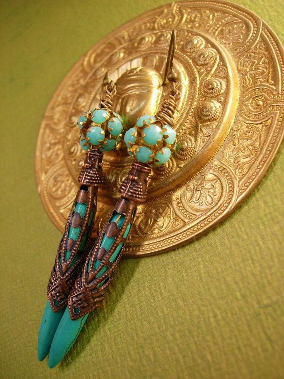 Egyptian Turquoise Chandelier earrings Ornate metalwork rhinestone shoulder dusters