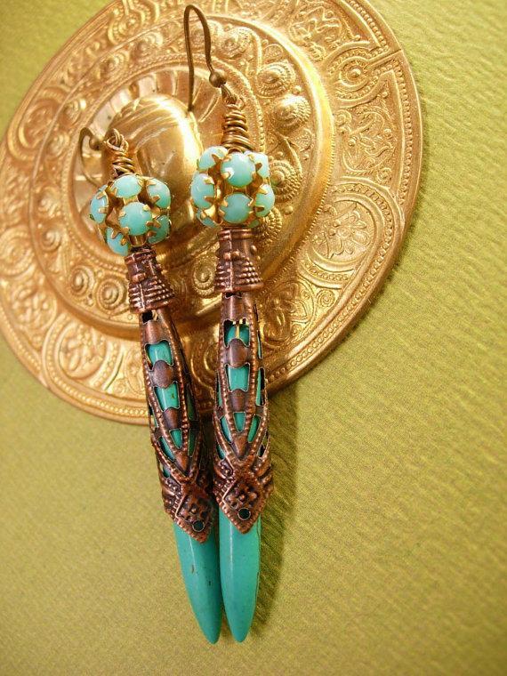 Egyptian Turquoise Chandelier earrings Ornate metalwork rhinestone shoulder dusters