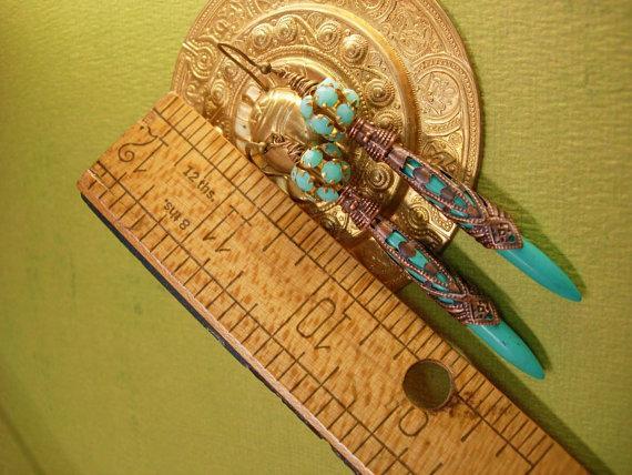Egyptian Turquoise Chandelier earrings Ornate metalwork rhinestone shoulder dusters