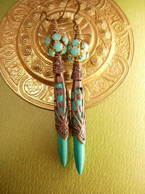 Egyptian Turquoise Chandelier earrings Ornate metalwork rhinestone shoulder dusters
